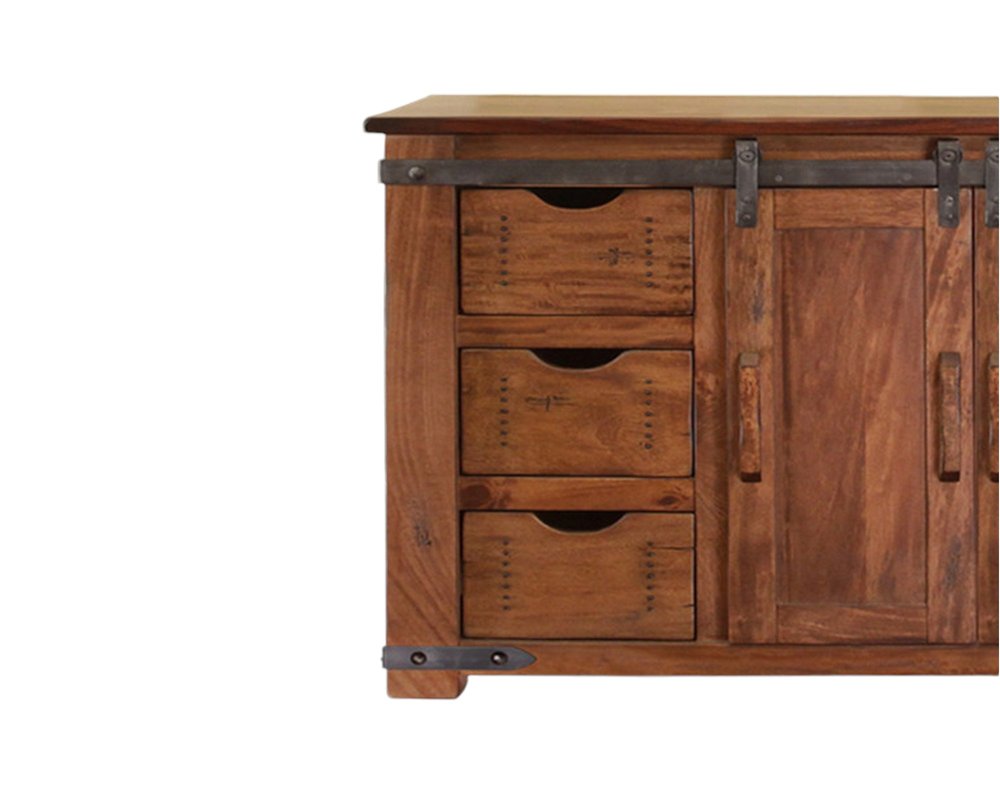 60" Brown Solid Wood Enclosed Storage Distressed TV Stand. TV stand isolated on a plain white background, finished in brown wood.