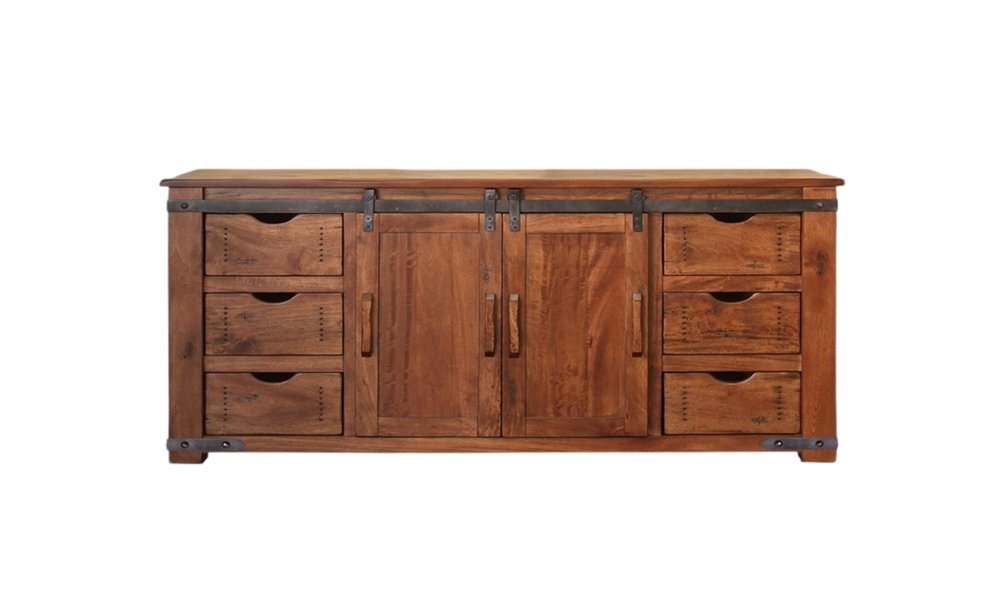 70" Brown Solid Wood Enclosed Storage Distressed TV Stand on a white background