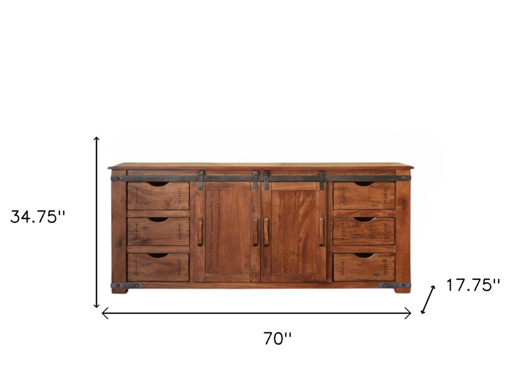 70" Brown Solid Wood Enclosed Storage Distressed TV Stand on a white background