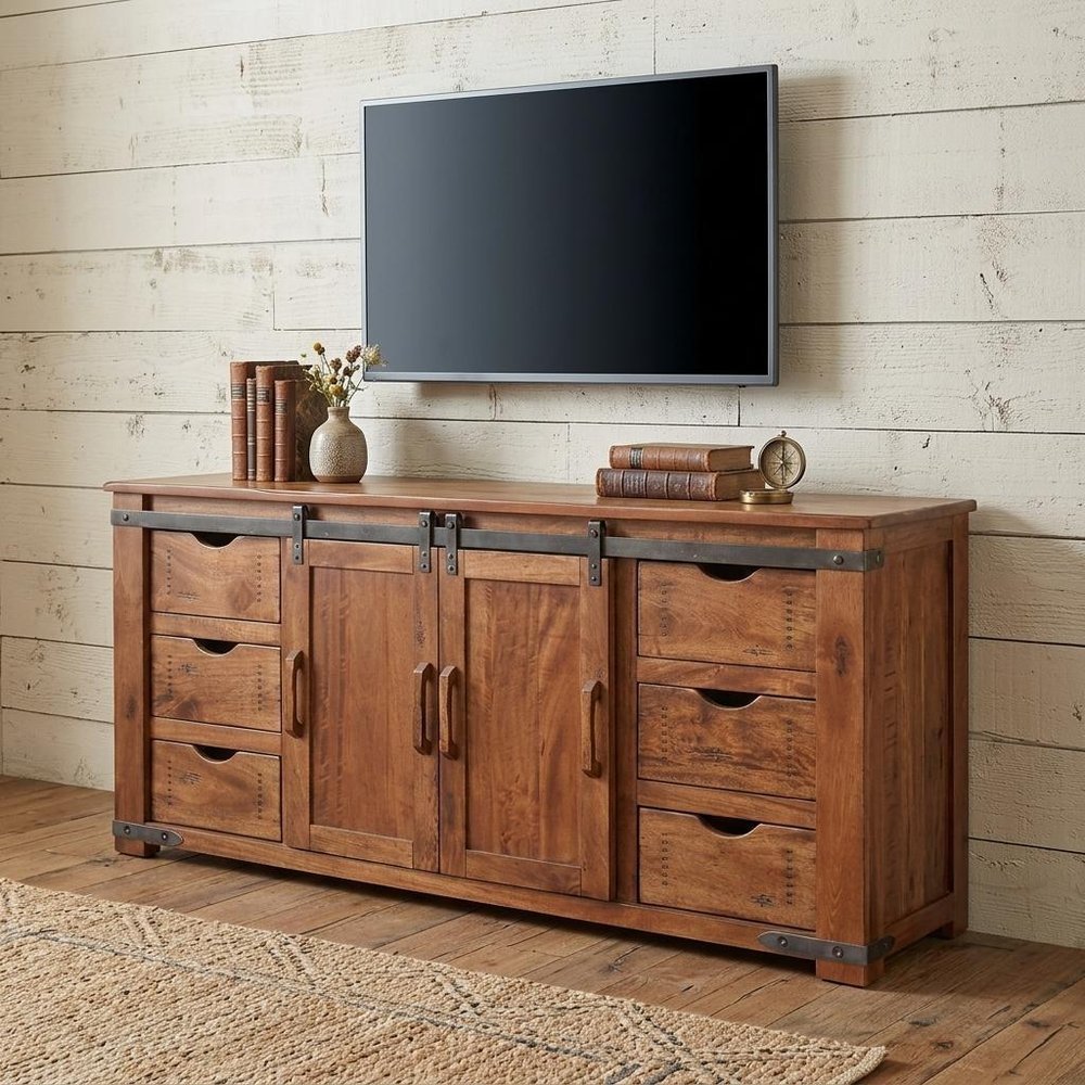 70" Brown Solid Wood Enclosed Storage Distressed TV Stand in a home interior