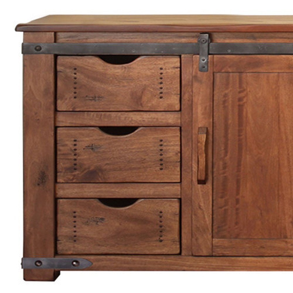 70" Brown Solid Wood Enclosed Storage Distressed TV Stand on a white background