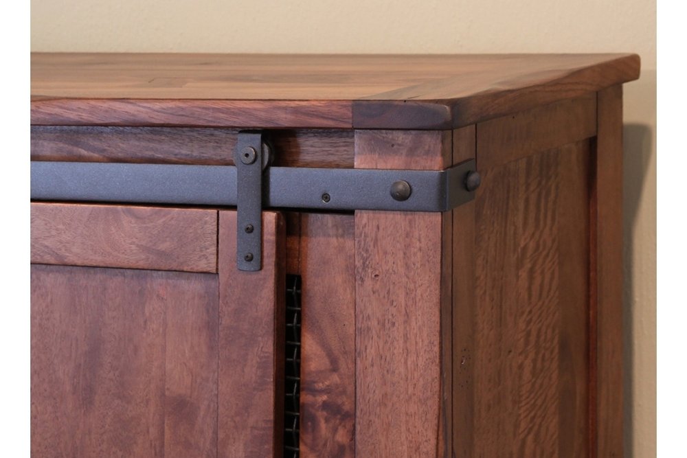 60" Brown Solid Wood Cabinet Enclosed Storage Distressed TV Stand detail shot of the brown wood finish.