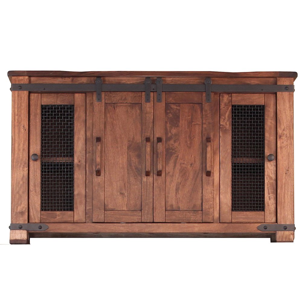 60" Brown Solid Wood Cabinet Enclosed Storage Distressed TV Stand. TV stand isolated on a plain white background, showing a brown wood surface.