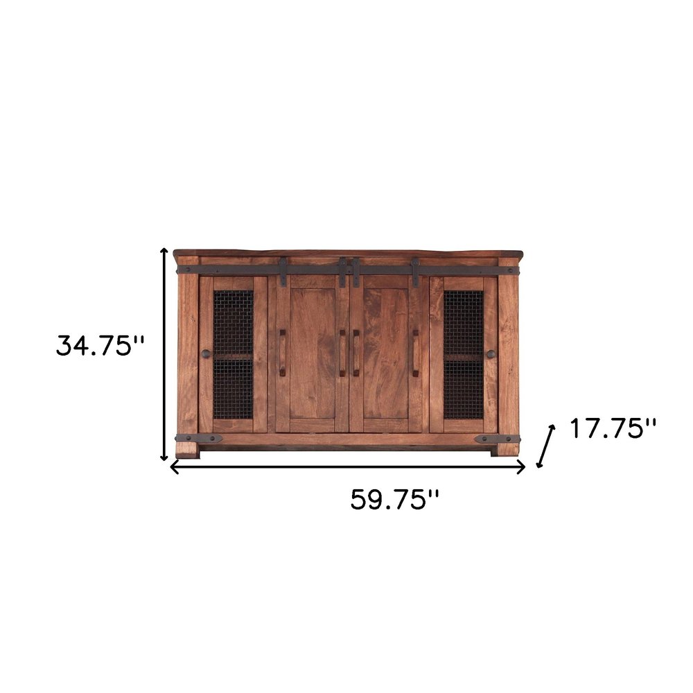 60" Brown Solid Wood Cabinet Enclosed Storage Distressed TV Stand. TV stand isolated on a plain white background, in a brown wood finish.