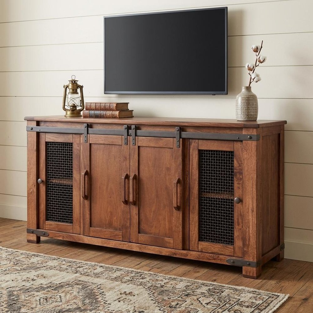 70" Brown Solid Wood Cabinet Enclosed Storage Distressed TV Stand - 34.75" H x 70" W x 17.75" D
