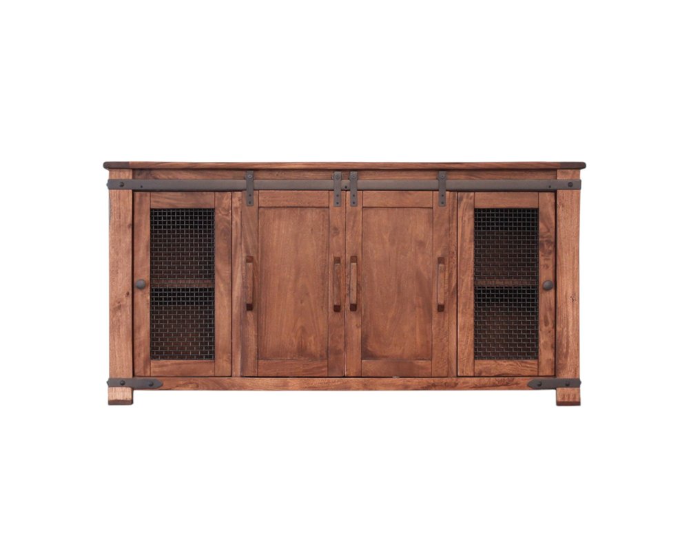 70" Brown Solid Wood Cabinet Enclosed Storage Distressed TV Stand - 34.75" H x 70" W x 17.75" D