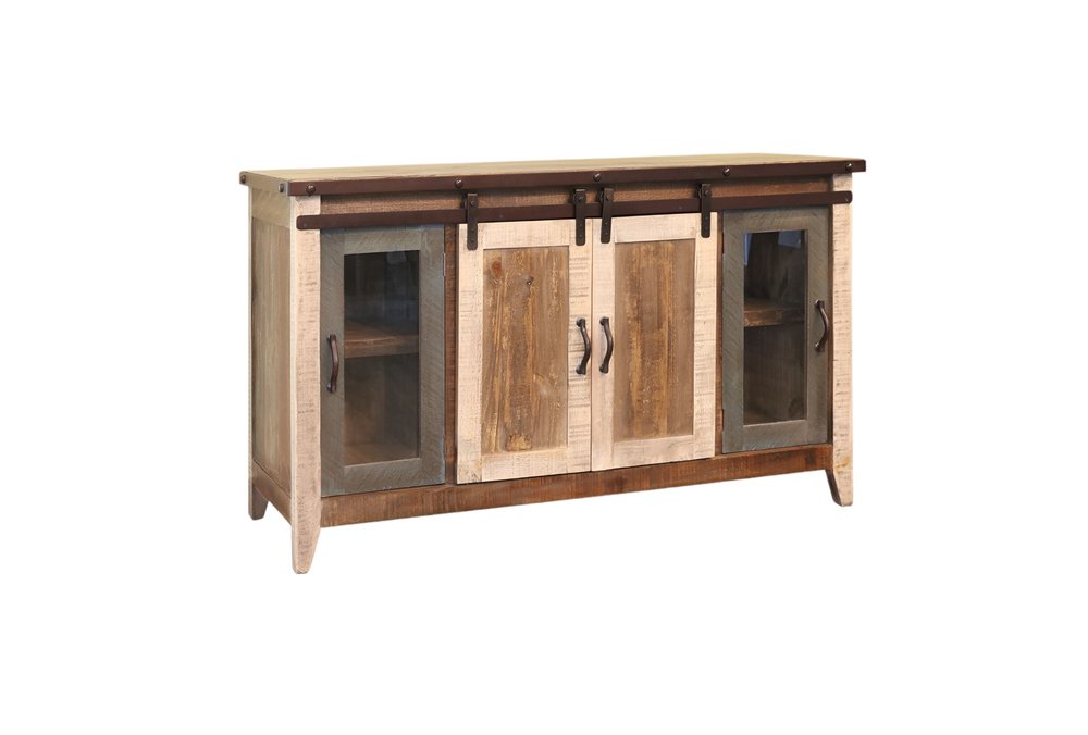 60" Brown Solid Wood Cabinet Enclosed Storage Distressed TV Stand. TV stand isolated on a plain white background, in a brown wood finish.