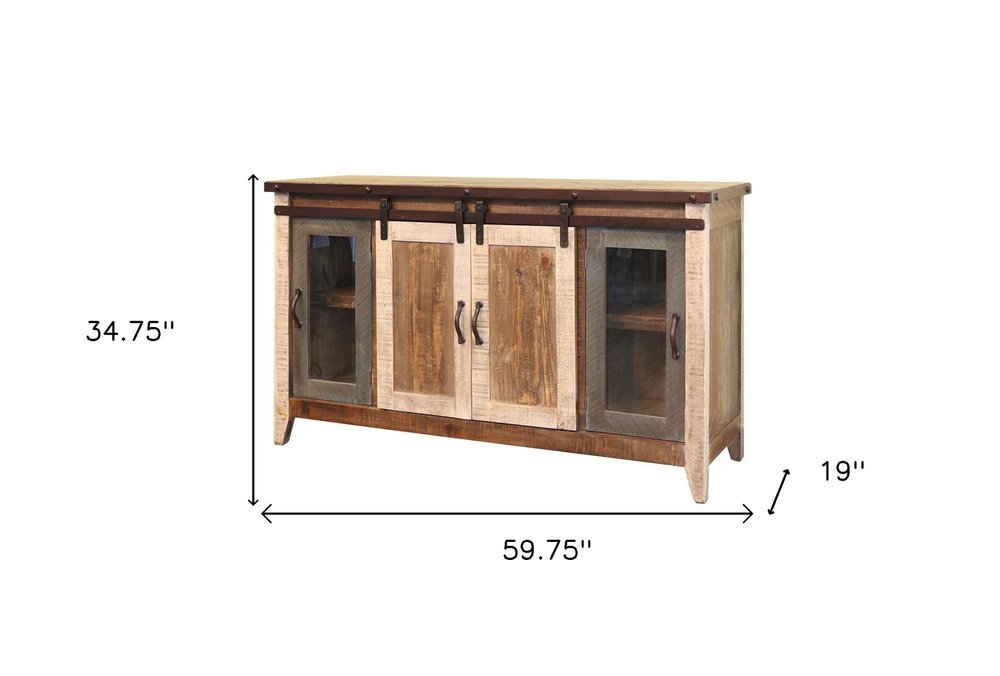 60" Brown Solid Wood Cabinet Enclosed Storage Distressed TV Stand. TV stand isolated on a plain white background, showing a brown wood surface.