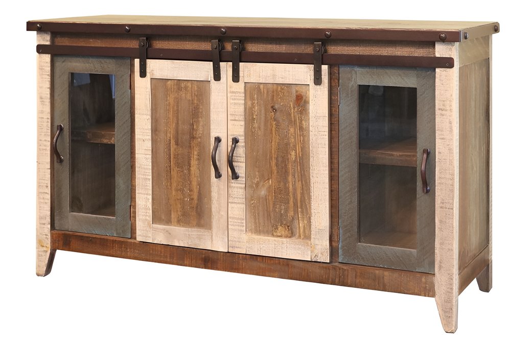 60" Brown Solid Wood Cabinet Enclosed Storage Distressed TV Stand. TV stand isolated on a plain white background, in a brown wood finish.