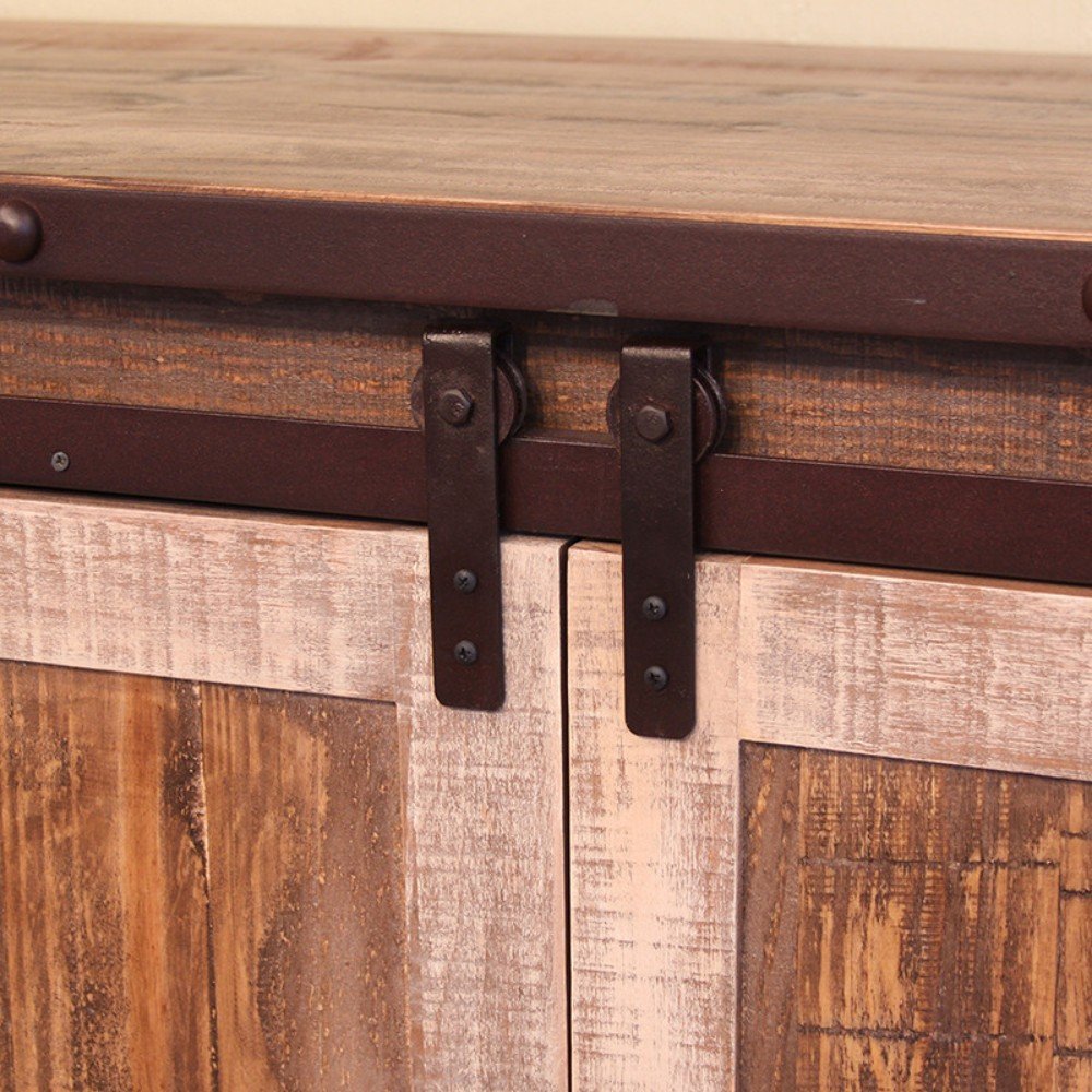 60" Brown Solid Wood Cabinet Enclosed Storage Distressed TV Stand. TV stand in brown wood.