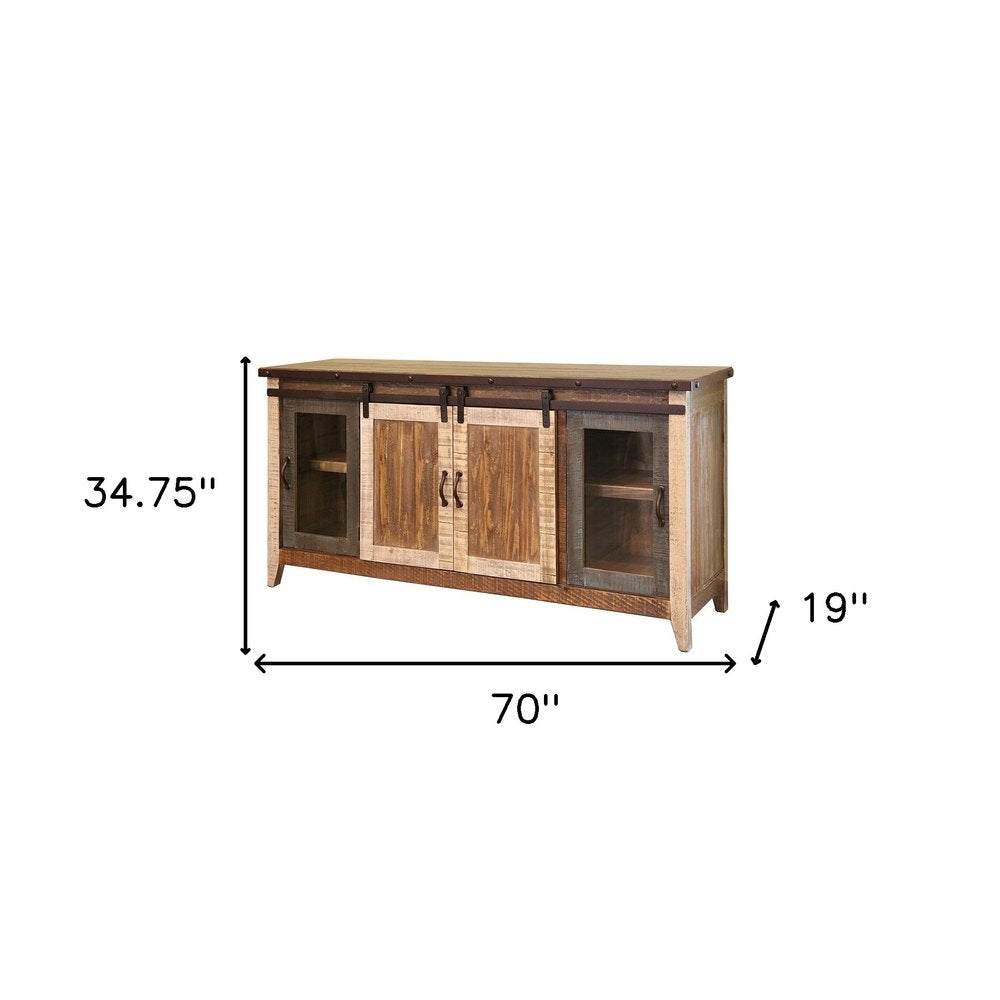 70" Brown Solid Wood Cabinet Enclosed Storage Distressed TV Stand - 34.75" H x 70" W x 19" D