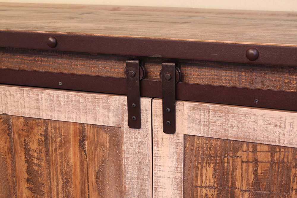 70" Brown Solid Wood Cabinet Enclosed Storage Distressed TV Stand - 34.75" H x 70" W x 19" D