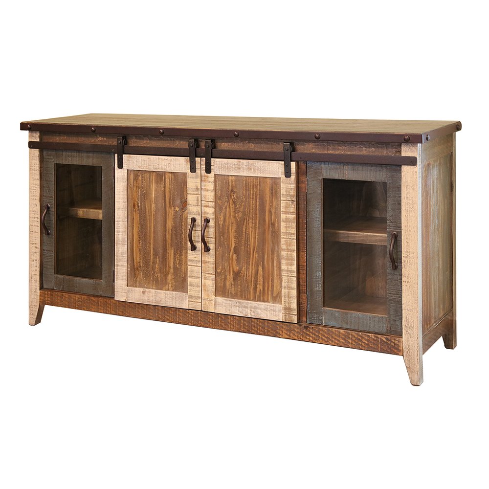 70" Brown Solid Wood Cabinet Enclosed Storage Distressed TV Stand - 34.75" H x 70" W x 19" D