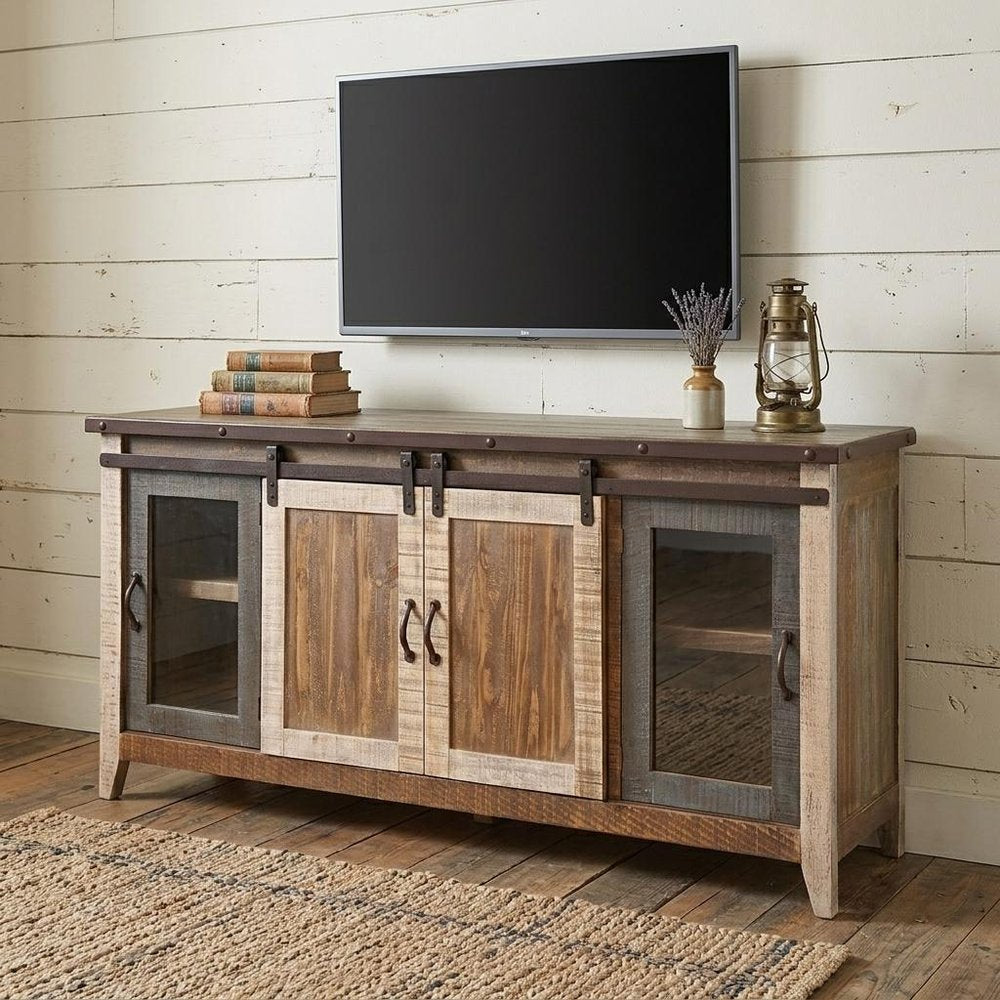 70" Brown Solid Wood Cabinet Enclosed Storage Distressed TV Stand - 34.75" H x 70" W x 19" D