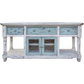70" Blue and White Solid Wood Open shelving Distressed TV Stand on a white background