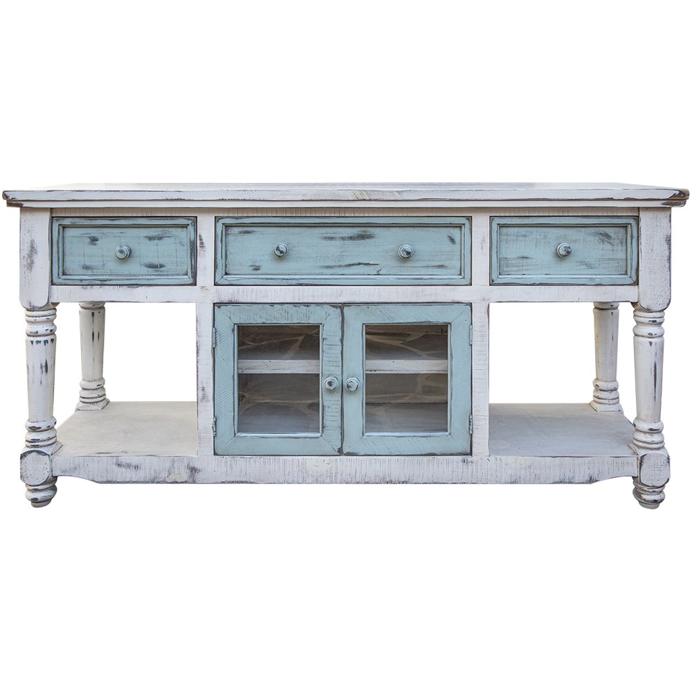 Distressed white and blue solid wood TV stand with open shelving and glass-front cabinets.