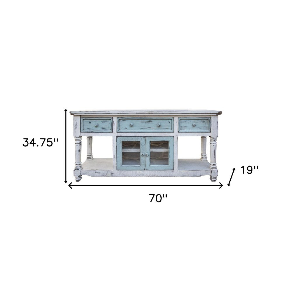 70" Blue and White Solid Wood Open shelving Distressed TV Stand - SKU 528735