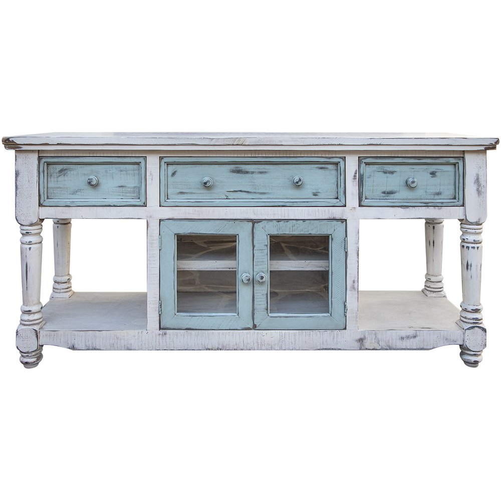 70" Blue and White Solid Wood Open shelving Distressed TV Stand - SKU 528735
