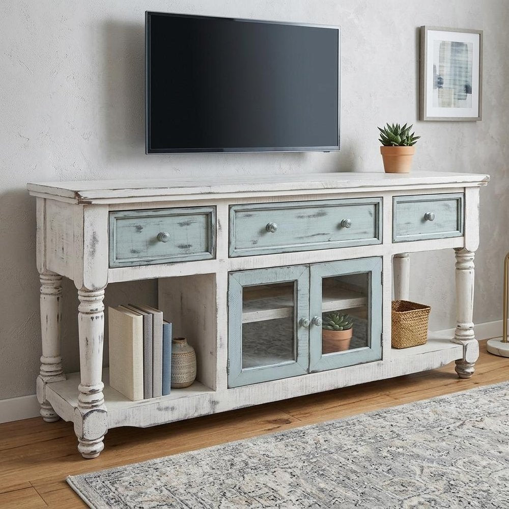 70" Blue and White Solid Wood Open shelving Distressed TV Stand - SKU 528735