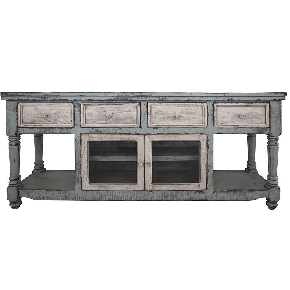 Distressed blue and white solid wood TV stand with four drawers and two glass-paneled cabinets, set against a white background.
