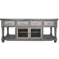 70" Blue and White Solid Wood Open shelving Distressed TV Stand on a white background