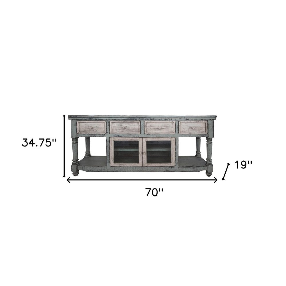 70" Blue and White Solid Wood Open shelving Distressed TV Stand - SKU 528736