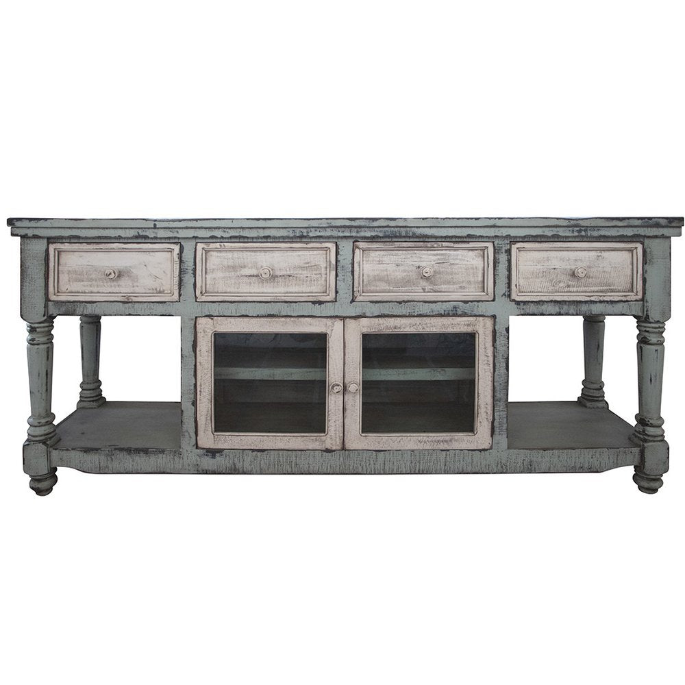 70" Blue and White Solid Wood Open shelving Distressed TV Stand - SKU 528736