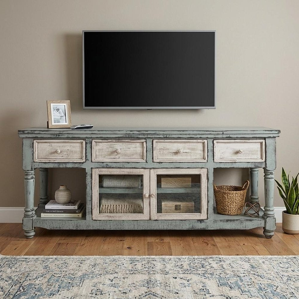 70" Blue and White Solid Wood Open shelving Distressed TV Stand - SKU 528736