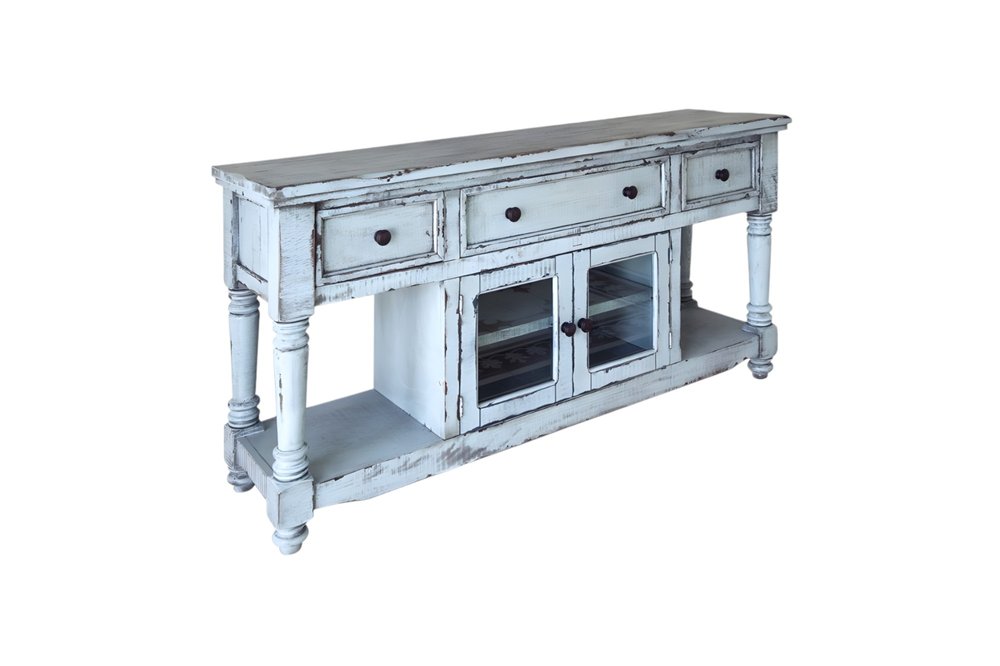 70" Blue Solid Wood Open shelving Distressed TV Stand on a white background