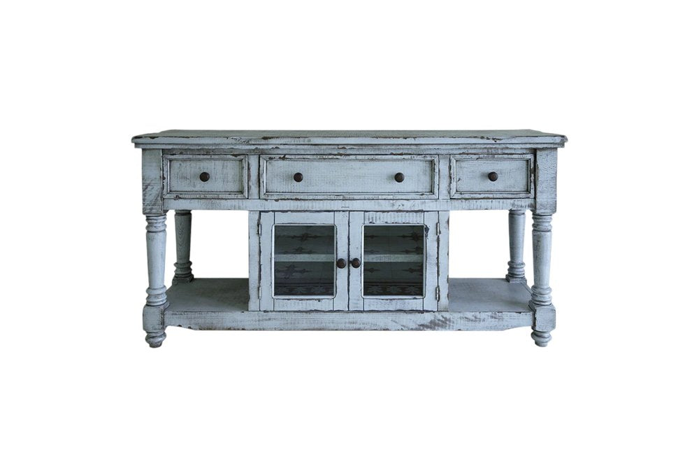 70" Blue Solid Wood Open shelving Distressed TV Stand on a white background