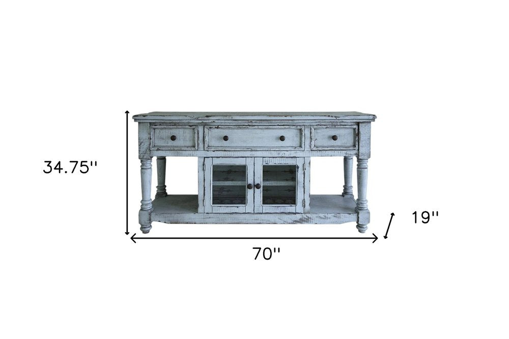 70" Blue Solid Wood Open shelving Distressed TV Stand on a white background