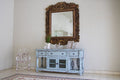 70" Blue Solid Wood Open shelving Distressed TV Stand on a white background