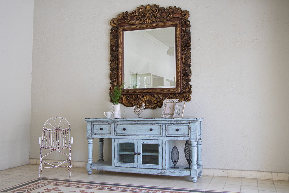 70" Blue Solid Wood Open shelving Distressed TV Stand on a white background