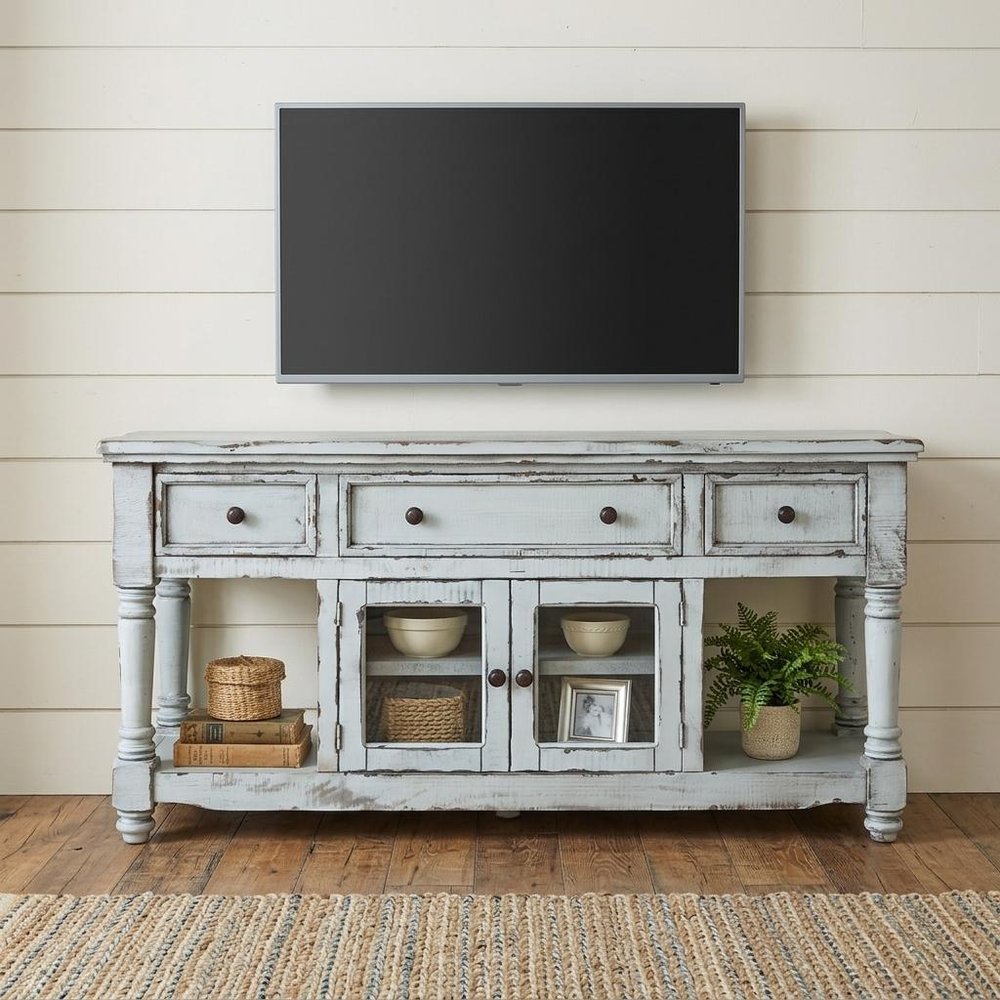 70" Blue Solid Wood Open shelving Distressed TV Stand in a home interior