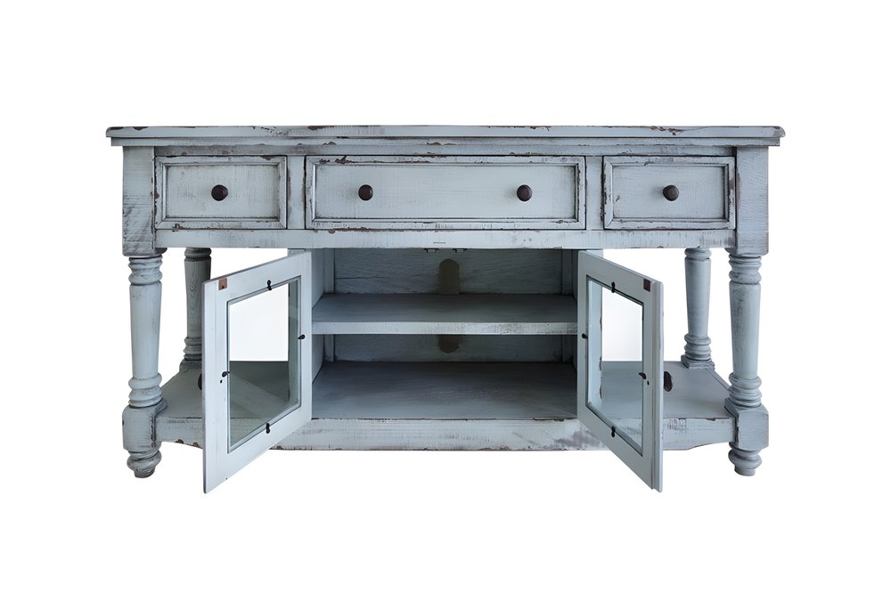 70" Blue Solid Wood Open shelving Distressed TV Stand on a white background