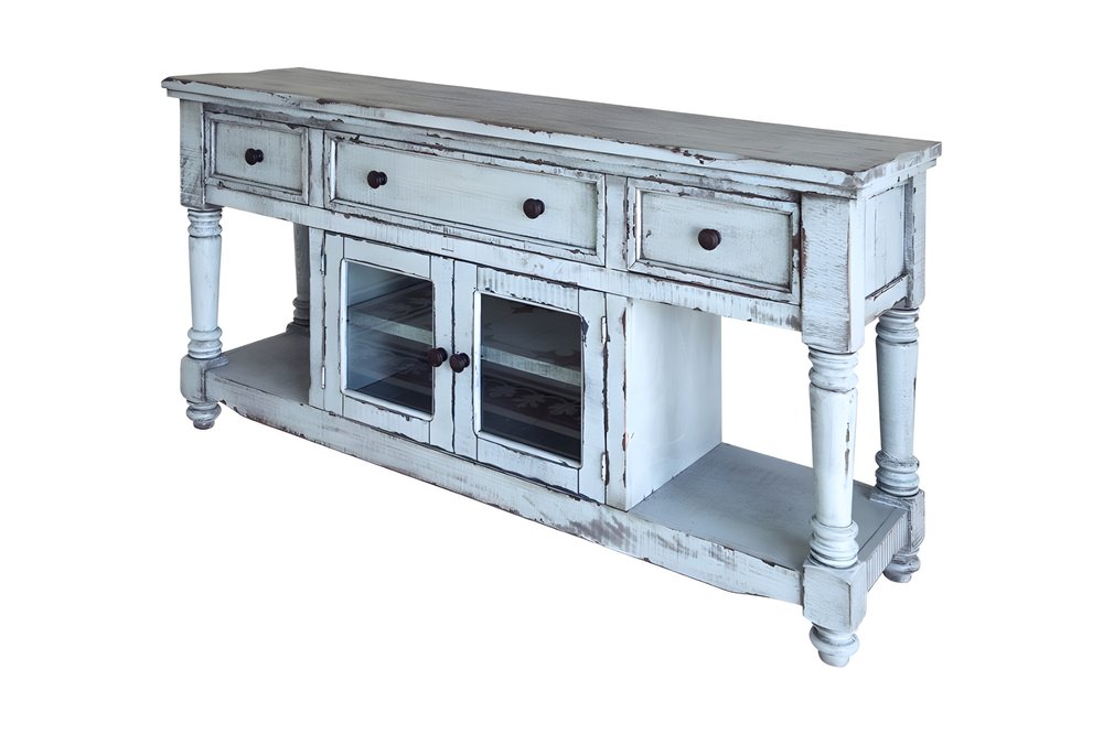 70" Blue Solid Wood Open shelving Distressed TV Stand on a white background
