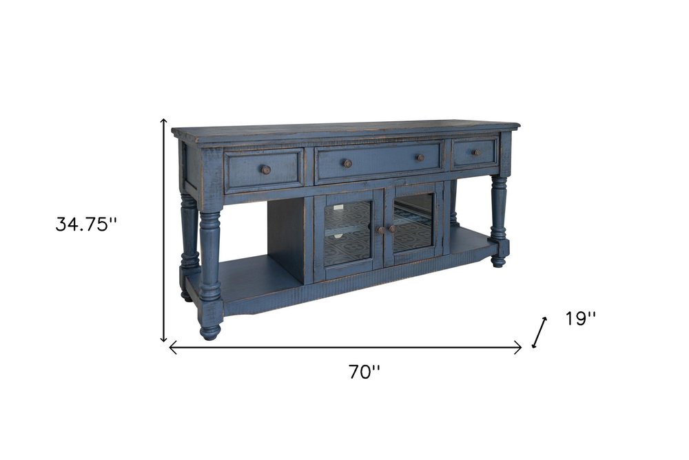 70" Blue Mango Solid Wood Open shelving Distressed TV Stand on a white background