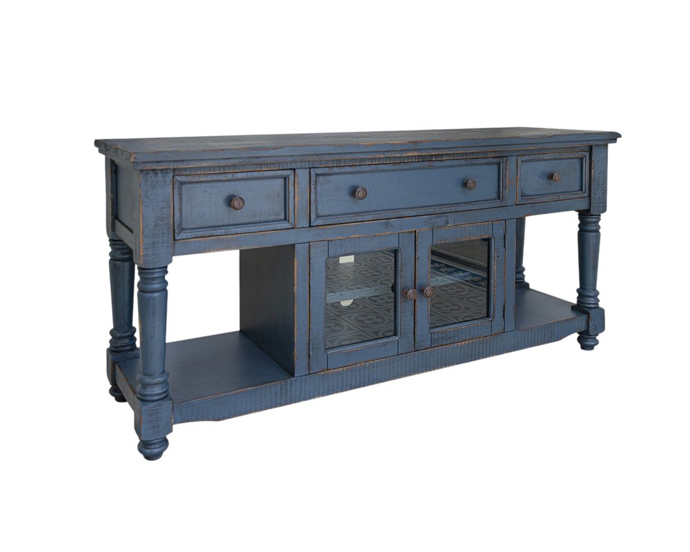 70" Blue Mango Solid Wood Open shelving Distressed TV Stand on a white background