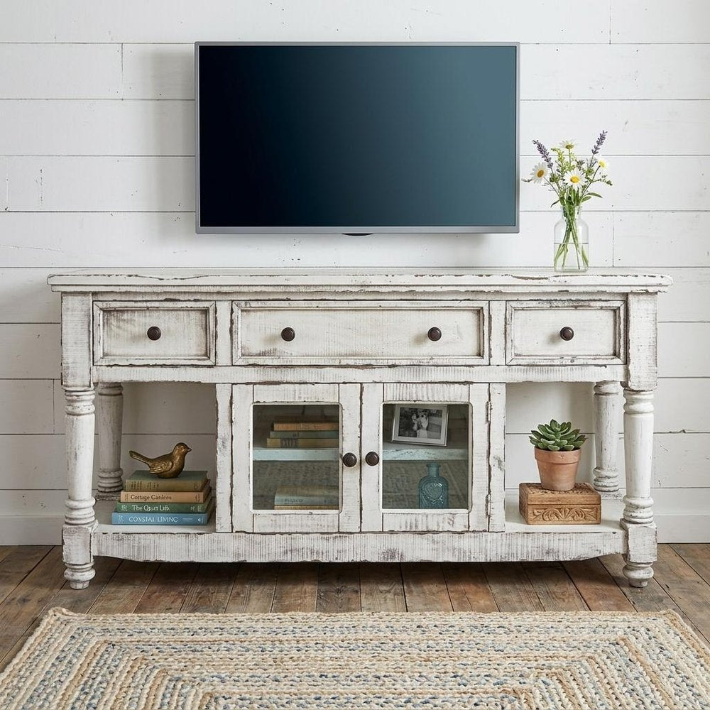 70" White Solid Wood Open shelving Distressed TV Stand