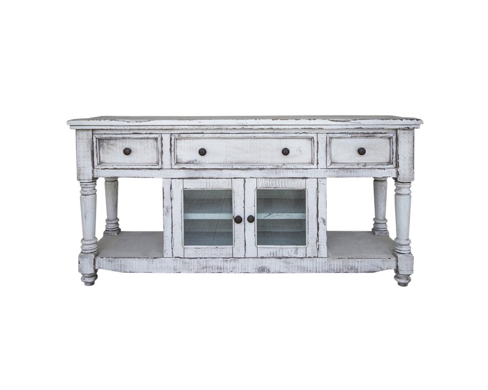 70" White Solid Wood Open shelving Distressed TV Stand on a white background