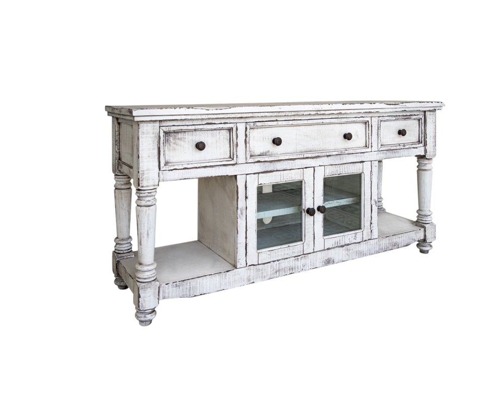 70" White Solid Wood Open shelving Distressed TV Stand on a white background