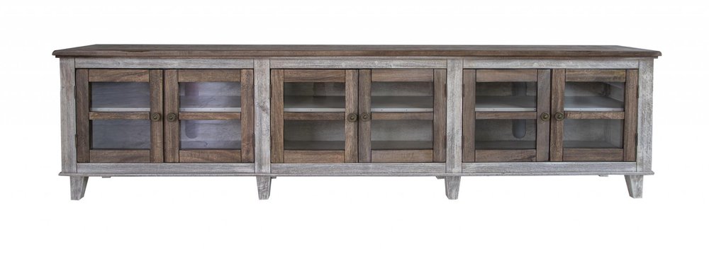 93" Gray and Ivory Solid Wood Cabinet Enclosed Storage Distressed TV Stand