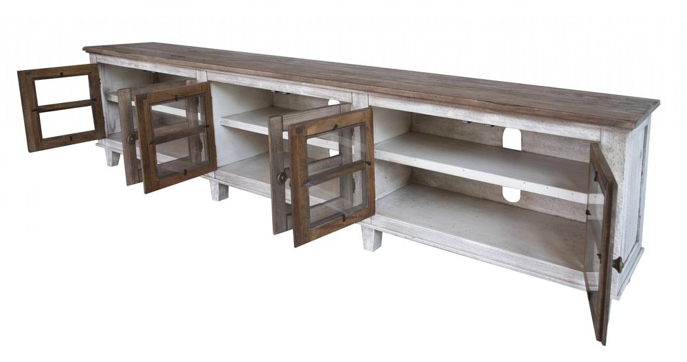 93" Gray and Ivory Solid Wood Cabinet Enclosed Storage Distressed TV Stand