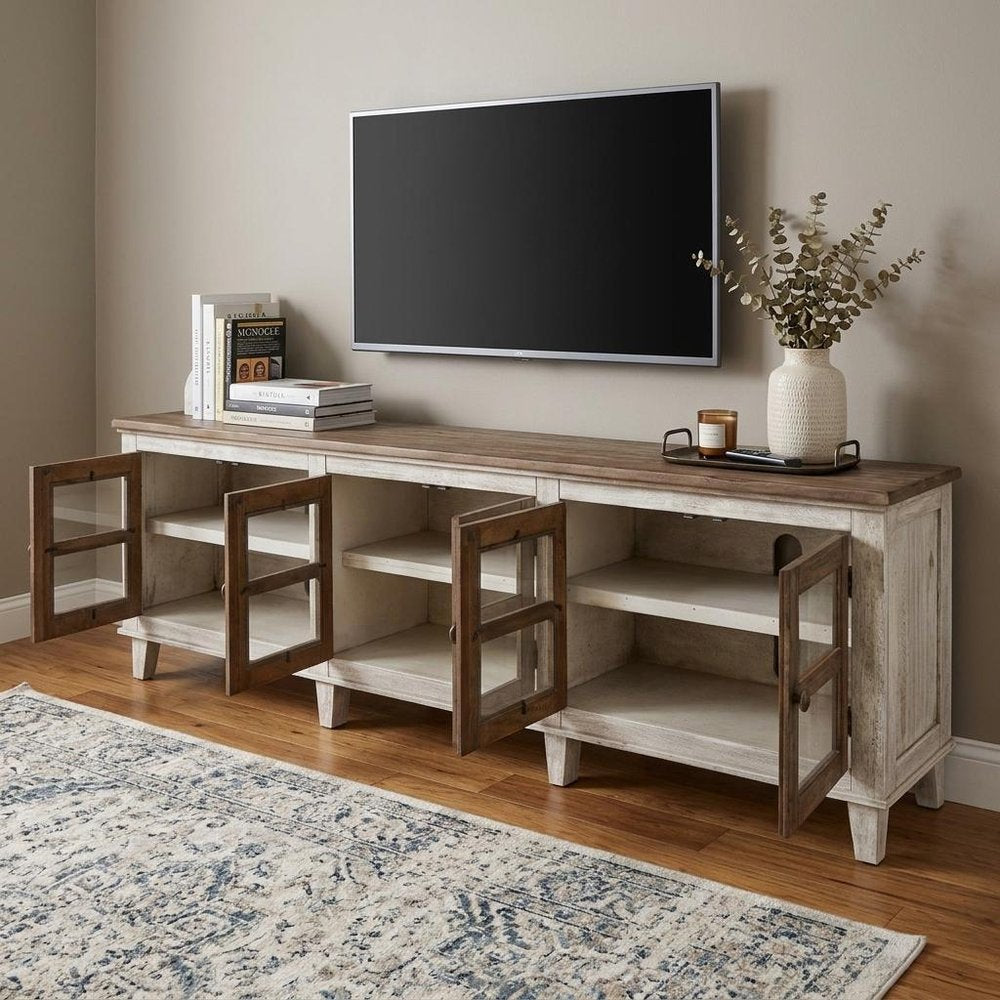 93" Gray and Ivory Solid Wood Cabinet Enclosed Storage Distressed TV Stand