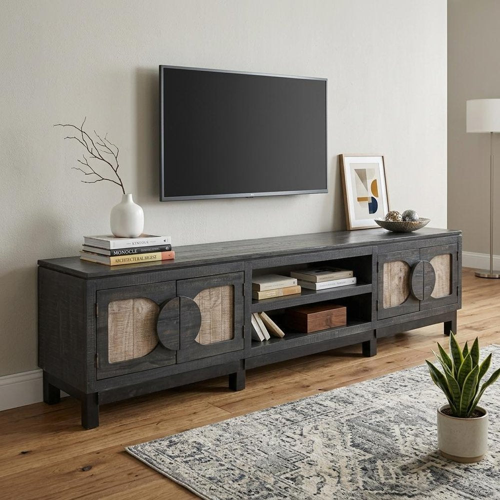 93" Black Solid Wood Cabinet Enclosed Storage Distressed TV Stand