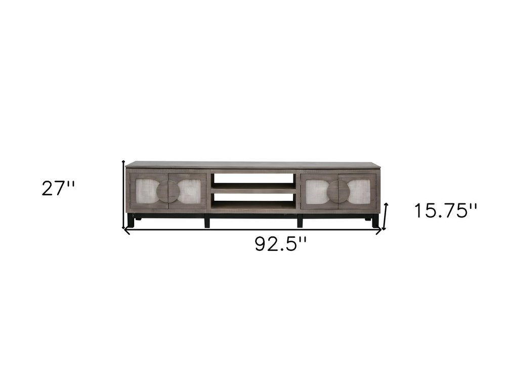 93" Gray Solid Wood Cabinet Enclosed Storage Distressed TV Stand on a white background