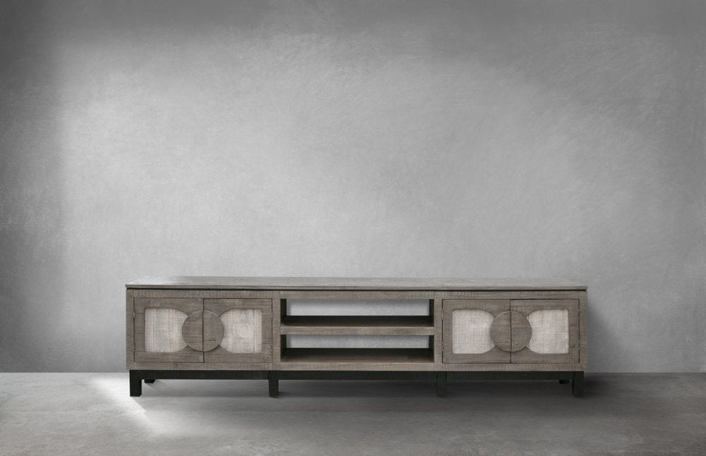 93" Gray Solid Wood Cabinet Enclosed Storage Distressed TV Stand close-up detail