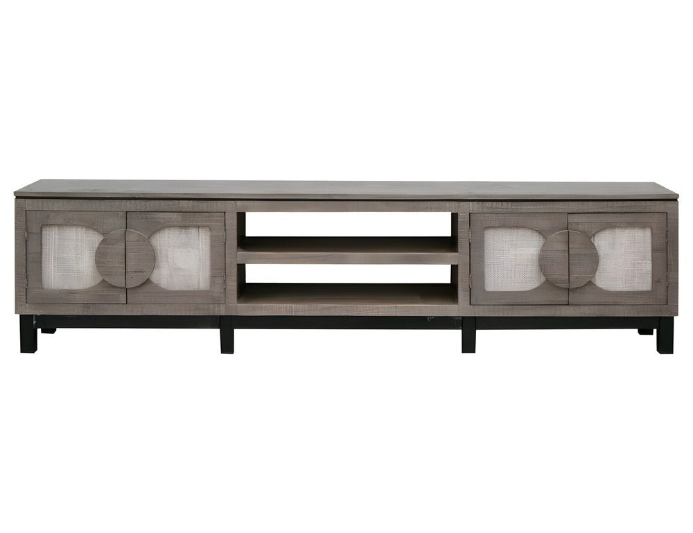 93" Gray Solid Wood Cabinet Enclosed Storage Distressed TV Stand on a white background