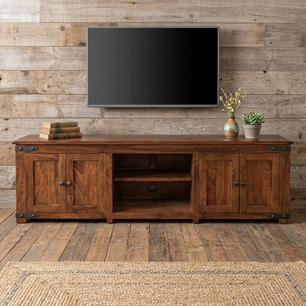 93" Brown Solid Wood Cabinet Enclosed Storage Distressed TV Stand