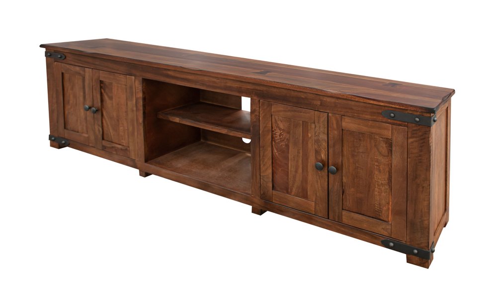 93" Brown Solid Wood Cabinet Enclosed Storage Distressed TV Stand on a white background